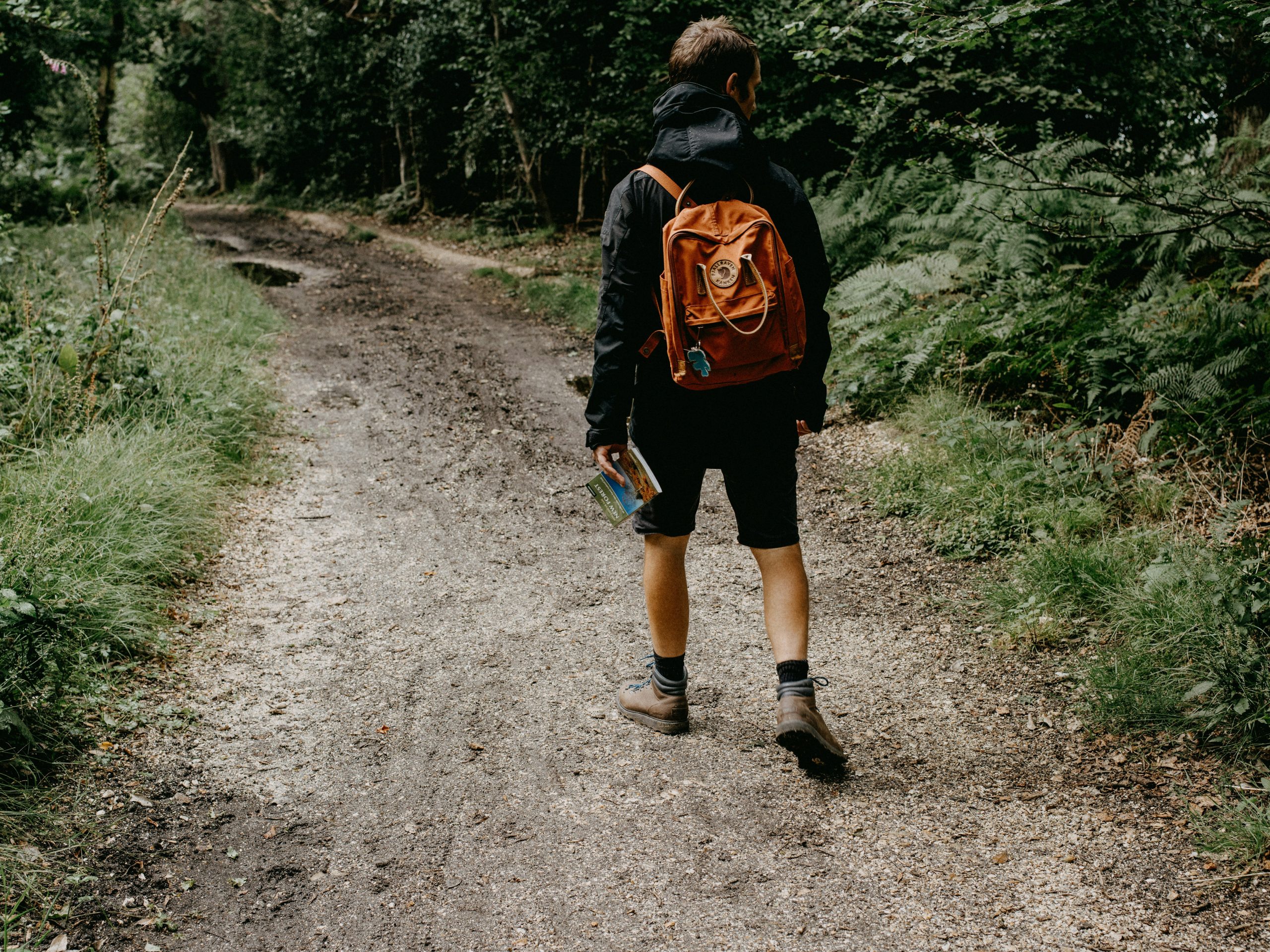 Hiker checking their watch altimeter mid-climb, surrounded by trees.