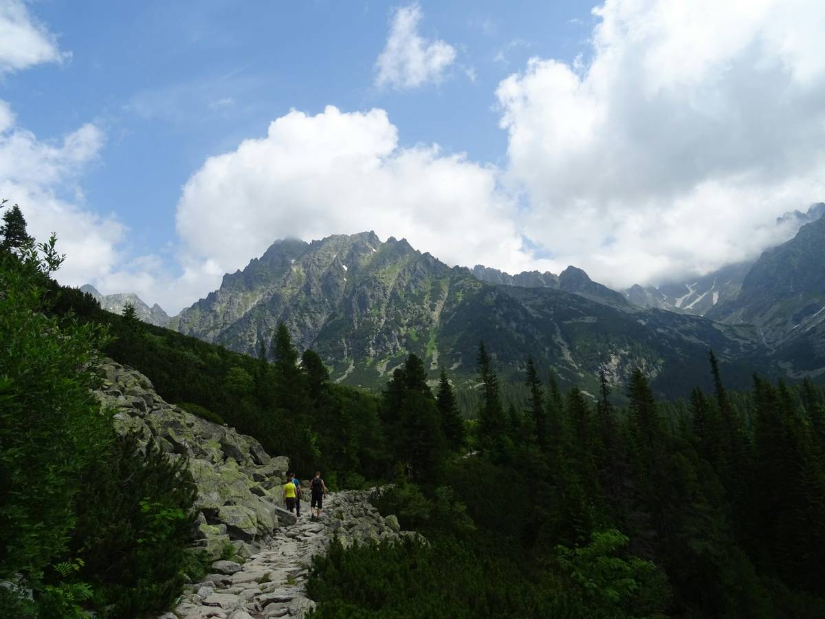 A hiker walking in dense fog near mountains